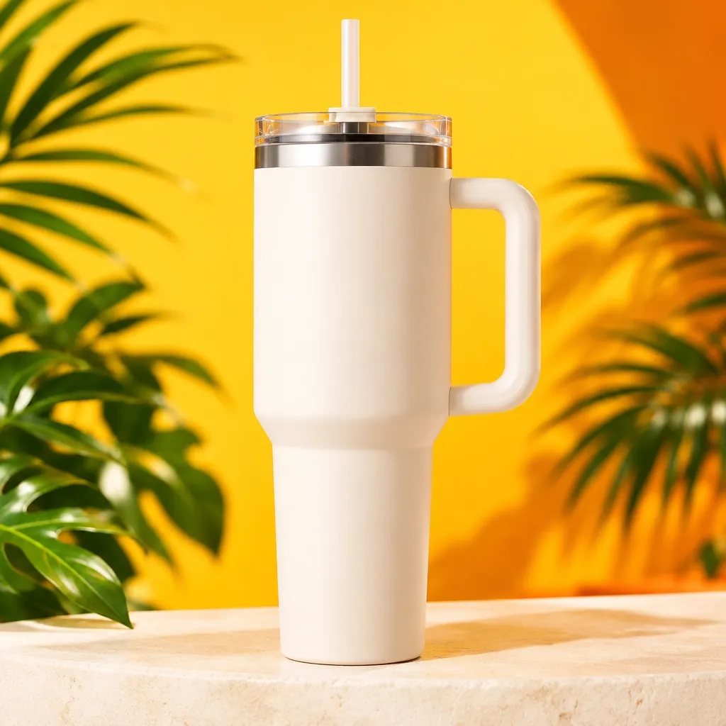 Cream handled tumbler with straw