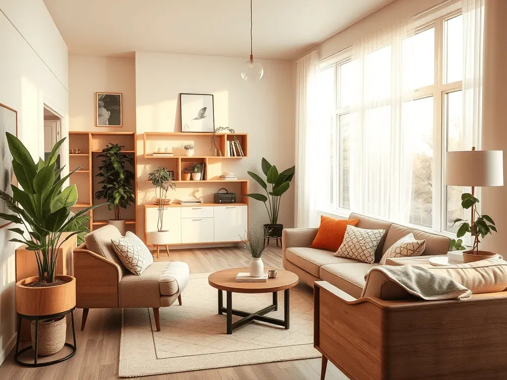 Warm, sunlit living room with cozy neutral decor