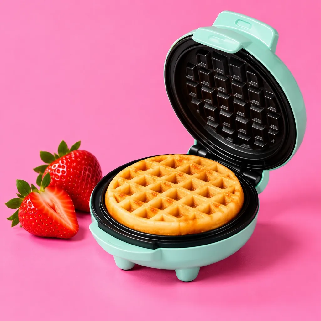 Mint mini waffle maker with a golden waffle and strawberries