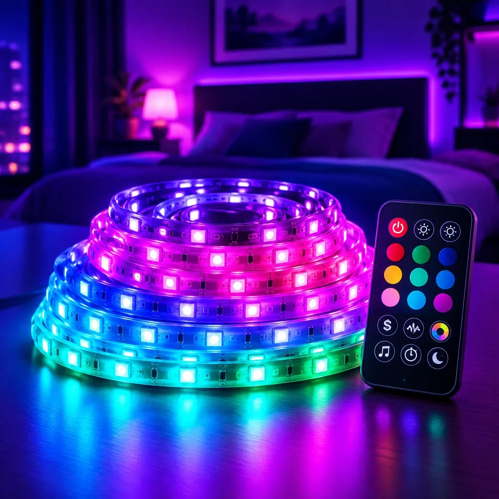 Colorful LED strip lights glowing in a bedroom