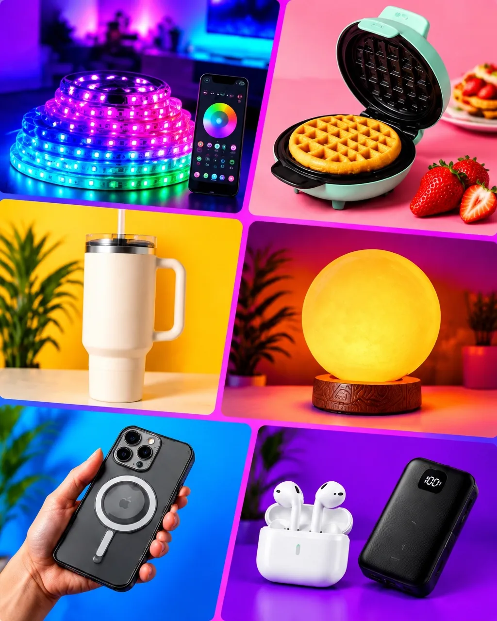 A vivid collage of trending home, kitchen and tech finds